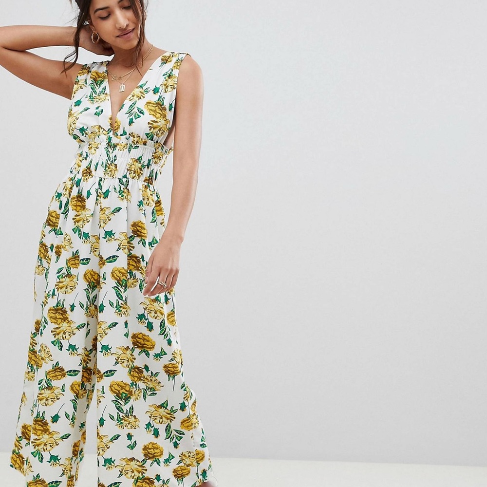 ASOS Design Ruched Waist Plunge Jumpsuit in Floral Print